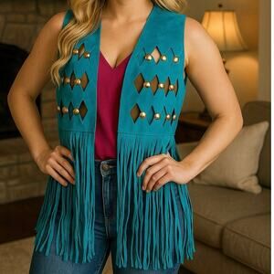 Vintage 70s Turquoise Suede Fringe Leather Vest Western Boho Size 38
